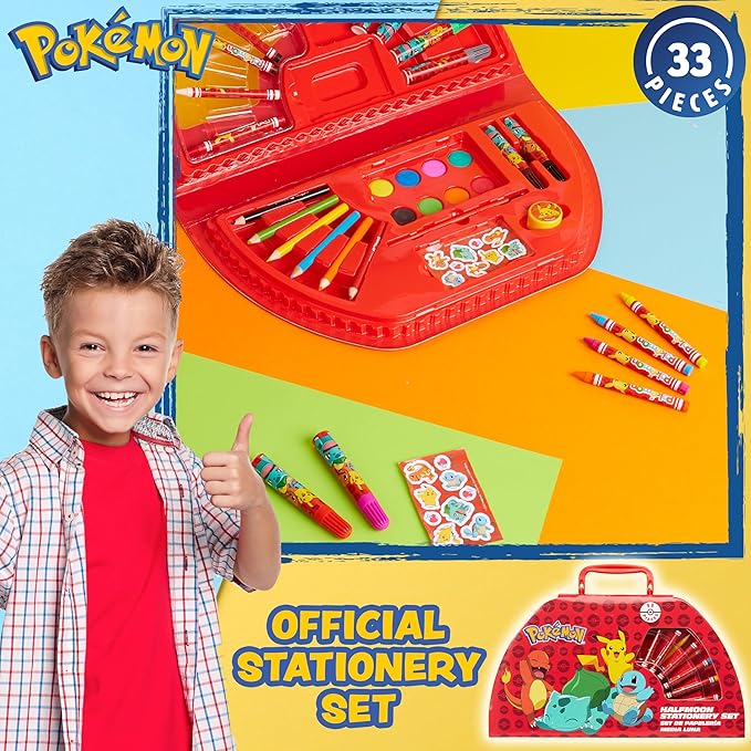 Pokemon Art Set for Boys Girls Drawing Painting Kit Markers Crayons Colored Pencils School Supplies Anime Gifts for Kids (Red)