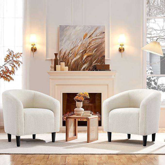 Yaheetech Barrel Chairs, Furry Accent Chairs with Soft Padded Armrest for Living Room Bedroom Waiting Room Office, Set of 2, Ivory