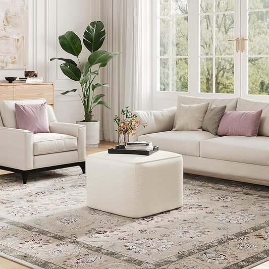 Christopher Knight Home Isa Boucle Pouf Ottoman Foot Rest, Square Fabric Pouffe Ottoman Footstool, Living Room Sofa Couch Extra Seat, Modern Coffee Table for Home Office Bedroom Home Décor, White