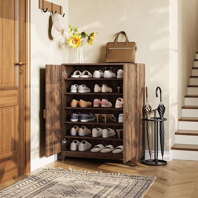 LITTLE TREE Wooden Shoe Cabinet with 2 Doors, 6-Tier Shoe Cabinet Storage for Entryway with 5 Adjustable Shelves, Farmhouse Tall Shoe Rack Organizer, Shoe Organizer Cabinet for Hallway, Rustic Brown