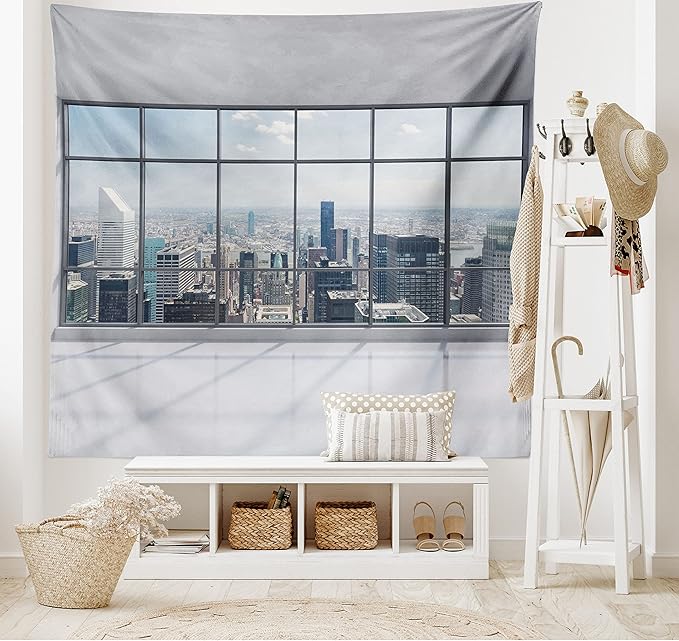 Ambesonne City Tapestry Twin Size, Clean Office with Big Window Downtown Skyscraper Buildings Domestic Cityscape Art, Wall Hanging Bedspread Bed Cover Wall Decor, 68" X 88", Grey White