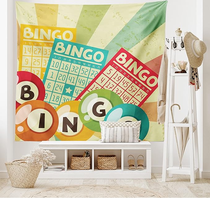 Ambesonne Vintage Tapestry, Bingo Game with Ball and Cards Pop Art Lottery Hobby Celebration Theme, Fabric Wall Hanging Decor for Bedroom Living Room Dorm, 28" X 23", Teal Multicolor