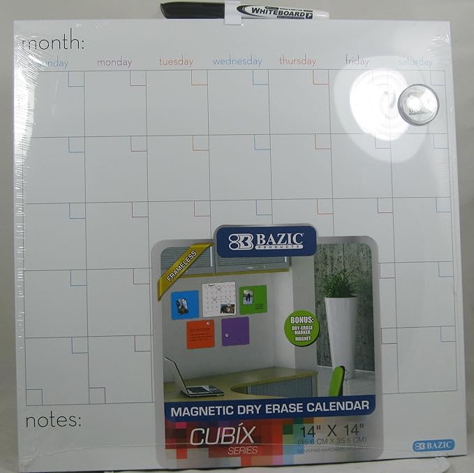 BAZIC Products Magnetic Dry Erase Calendar Board Tile + Markers & Magnets, 14" X 14" Calendar Whiteboard for Office Schedule Planner, 1-Pack