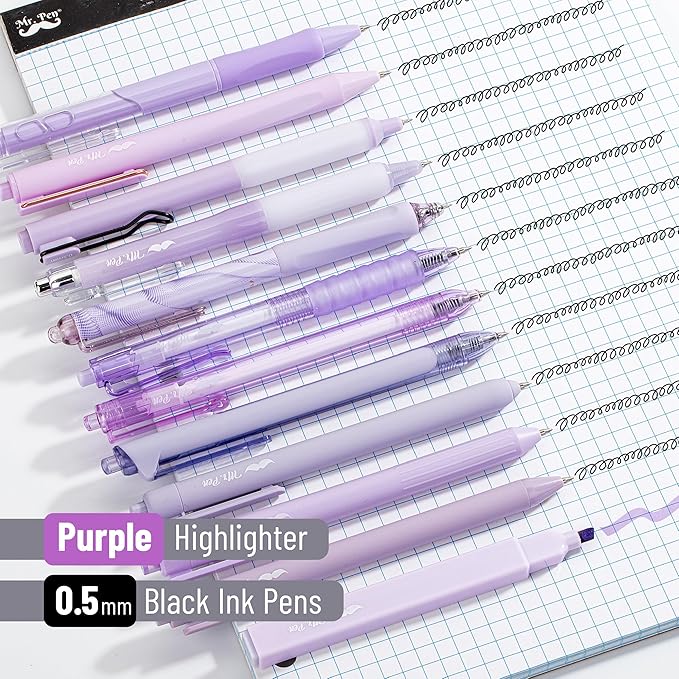 Mr. Pen- Gel Pen Set, 12 Pack, Pastel Purple Barrels, 1 x Aesthetic Highlighter, 0.5mm Purple Pens with Black Ink
