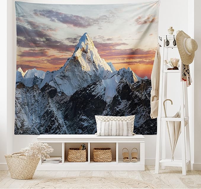 Ambesonne Mountain Tapestry King Size, Evening South High Hill Above the Sky Colorful Nepal Everest Photo, Wall Hanging Bedspread Bed Cover Wall Decor, 104" X 88", Bluegrey Salmon