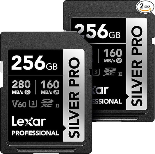 Lexar 256GB (2-PK) Professional Silver PRO SD Card, UHS-II, C10, U3, V60, Full HD, 4K, Up to 280MB/s Read SDXC Memory Card, for Professional Photographer, Videographer, Enthusiast (LSDSIPR256G-B2NNU)