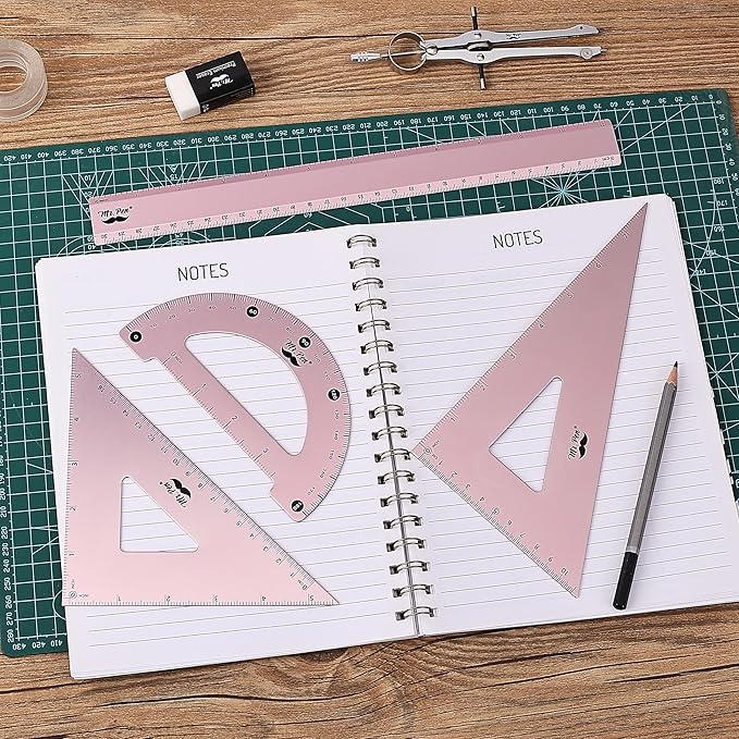 Mr. Pen- Geometry Set, 4 Pack, Light Pink, Metal Geometry Kit, Triangle Ruler, Metal Ruler, Drafting Triangles, Metal Protractor, Metal Set Square, Drafting Ruler, Drafting Set