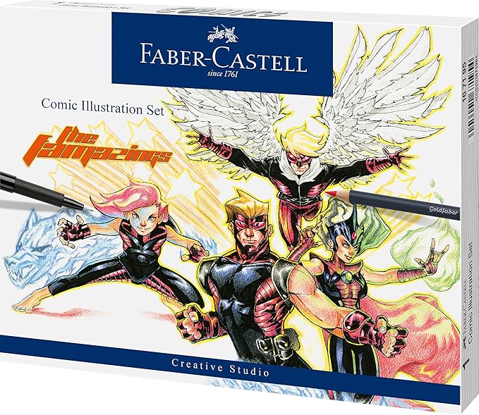 Faber-Castell Comic Illustration Set - The Famazings Superhero Comic Book Drawing Kit - Draw with Pitt Artist Pens & Goldfaber Coloring Pencils