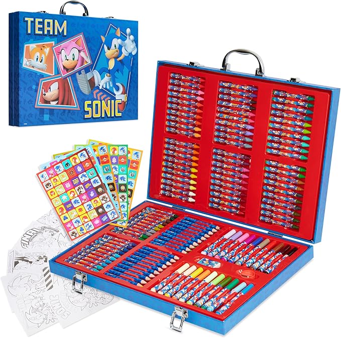 Sonic The Hedgehog Colored Pencils Art Supplies 130+ pcs Drawing Kit School Supplies Girls Drawing Pencils Art Kit Travel Case with Crayons Arts and Crafts for Kids 4-12