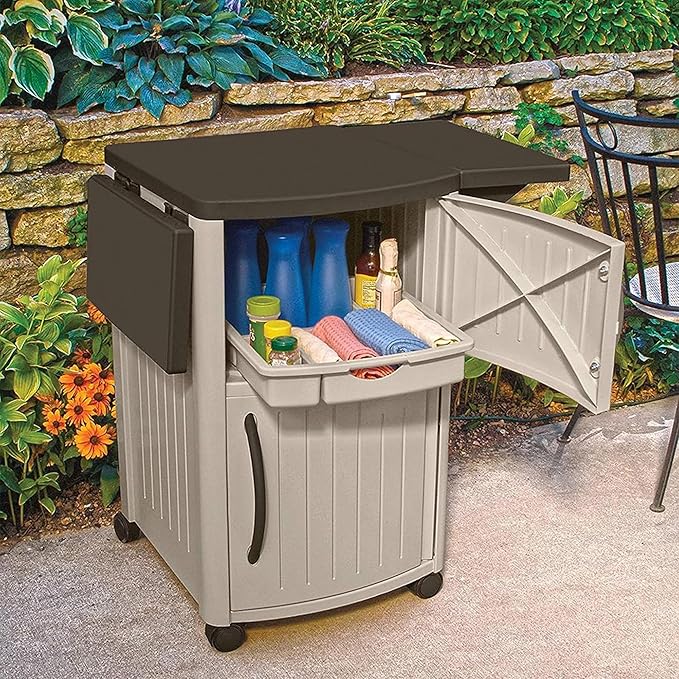 Suncast Serving Station Patio Cabinet, Portable Grill Prep Table, Light Taupe & Mocha - Includes Side Shelves, Storage Cabinets, Server Tray and Wheels for Outdoor BBQ Grilling and Backyard Dining