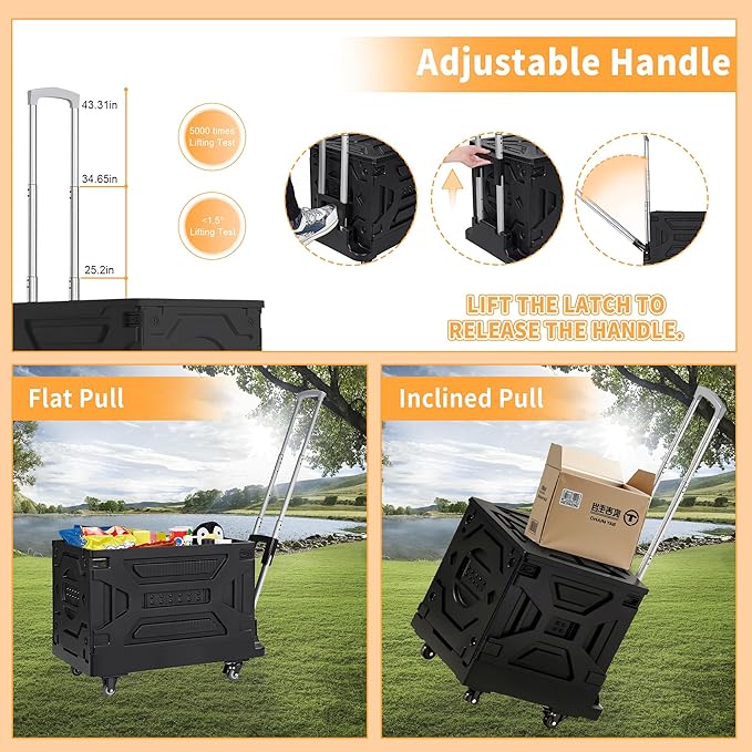 VECELO Foldable Shopping Cart with Wheels, Collapsible Rolling Crate for Groceries, Folding Storage Box with Handle, Three Modes of Use, Ideal for Teacher, Trip, Outdoors, Etc., 16GAL, Black