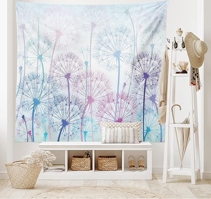 Ambesonne Dandelion Tapestry, Watercolor Abstract Floral Arrangement with Botany Inspirations Nature, Wide Wall Hanging for Bedroom Living Room Dorm, 80" X 60", Pale Blue Violet Pink