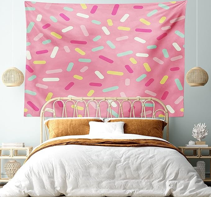 Ambesonne Pink and White Tapestry, Abstract Pattern of Colorful Donut Sprinkles Tasty Food Bakery Theme, Fabric Wall Hanging Decor for Bedroom Living Room Dorm, 45" X 30", Pink Yellow