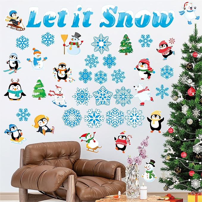 69 Pcs Winter Bulletin Board Decorations Set - Let It Snow Penguin Snowflake Cutouts Christmas Bulletin Board Border Decor for Xmas Holiday School Classroom Party Supplies