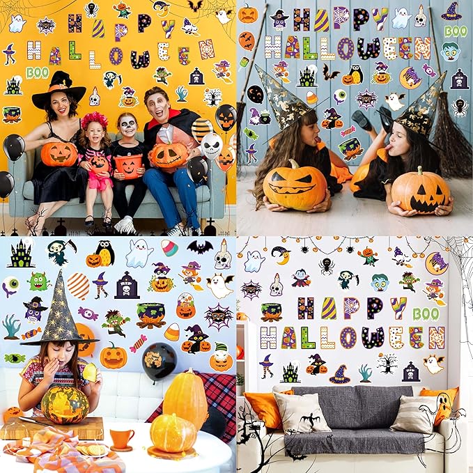81 Pcs Happy Halloween Cutouts for Bulletin Board Decor Set with Border- Halloween Themed Pumpkin Spider Ghost Witch Paper Cut-Outs Wall Decals for Kids Teacher Classroom School Party Supplies