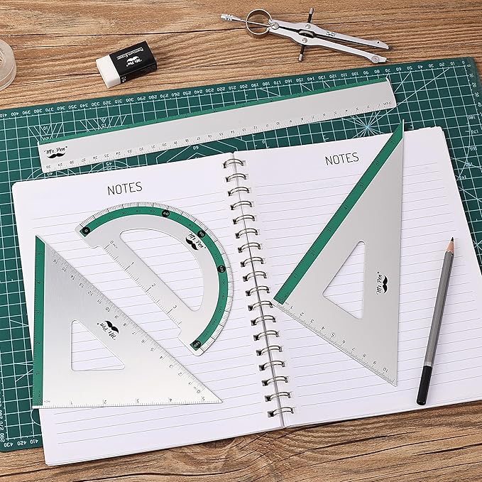 Mr. Pen- Geometry Set, Green Stripes, 4 Pack, Metal Geometry Kit, Triangle Ruler, Metal Ruler, Drafting Triangles, Metal Protractor, Metal Set Square, Drafting Ruler, Drafting Set