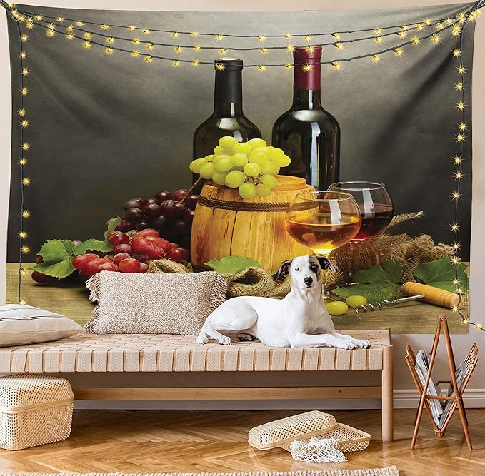 Ambesonne Winery Tapestry, Cask Bottles and Glasses of Wine and Ripe Grapes on Wooden Table Picture Print, Fabric Wall Hanging Decor for Bedroom Living Room Dorm, 23" X 28", Grey Taupe