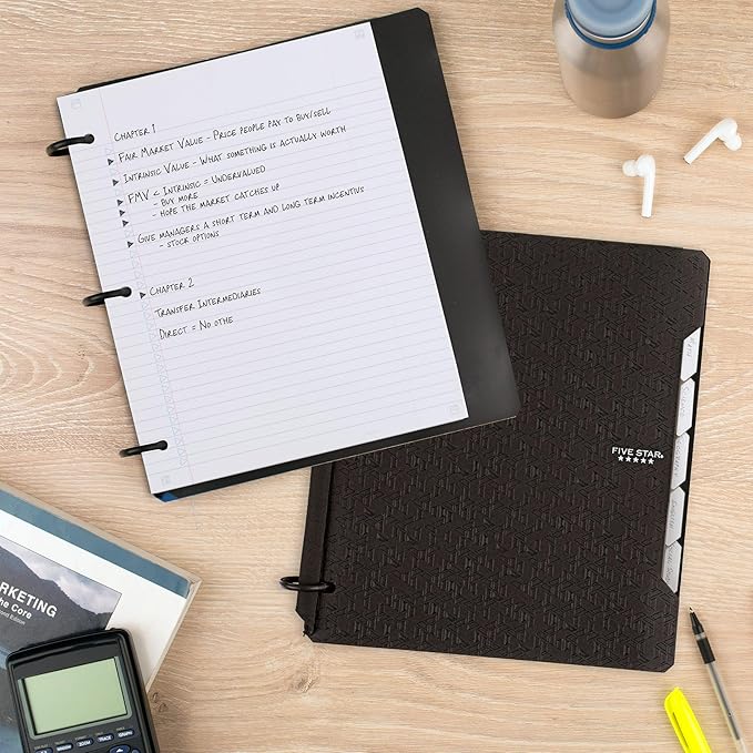 Five Star Flex Refillable Notebook + Study App, College Ruled Paper and 1 Inch TechLock Ring Binder with Pockets, Tabs and Dividers, 200 Sheet Capacity, Black (29328AA2)