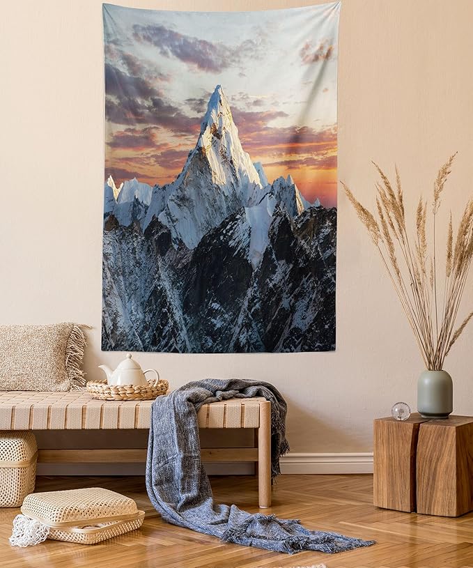 Ambesonne Mountain Tapestry, Evening South High Hill Above the Sky Colorful Nepal Everest Photo, Fabric Wall Hanging Decor for Bedroom Living Room Dorm, 30" X 45", Bluegrey Salmon