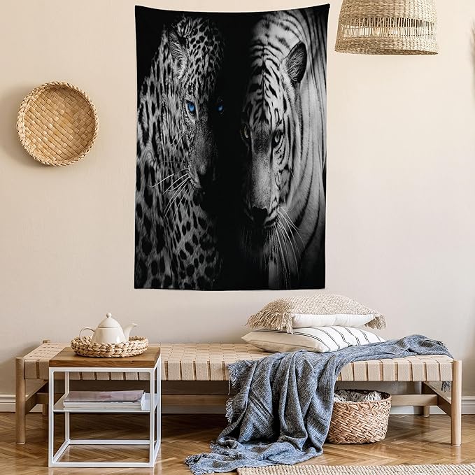 Ambesonne Leopard Tapestry, Animal Eyes Aggressive Powerful Wildcat Profile Print Monochrome Design, Fabric Wall Hanging Decor for Bedroom Living Room Dorm, 30" X 45", Black White Blue