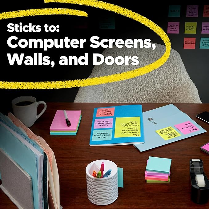 Post-it Super Sticky Notes, 3x3 in, 4 Pads, 2X The Sticking Power, Miami Collection, Neon Colors (Orange, Pink, Blue, Green), Recyclable(3321-SSAN-B)