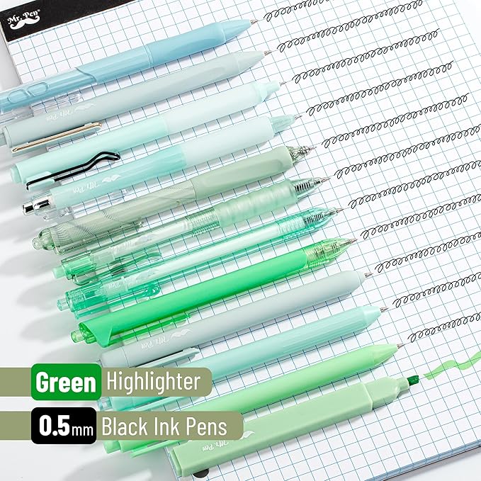 Mr. Pen- Gel Pen Set, 12 Pack, Pastel Green Barrels, 1 x Aesthetic Highlighter, 0.5mm Green Pens Black Ink