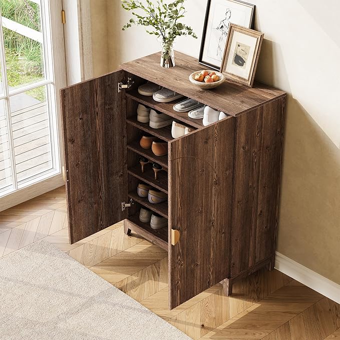 LITTLE TREE Wooden Shoe Cabinet with 2 Doors, 6-Tier Shoe Cabinet Storage for Entryway with 5 Adjustable Shelves, Farmhouse Tall Shoe Rack Organizer, Shoe Organizer Cabinet for Hallway, Rustic Brown