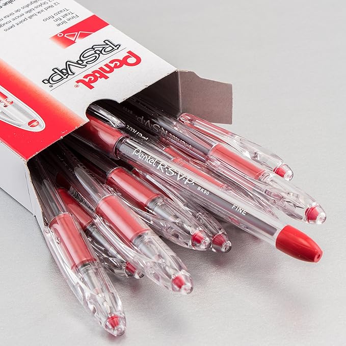Pentel R.S.V.P. Ballpoint Pen, (0.7mm) Fine Tip, Red Ink, Box of 12 (BK90-B)