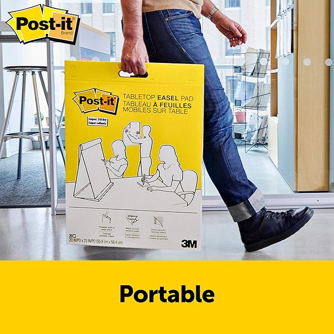 Post-it Super Sticky Tabletop Easel Pad, Great for Virtual Teachers and Students, 20 x 23 Inches, 20 Sheets/Pad, 1 Pad (563R), Portable White Premium Self Stick Flip Chart Paper, Built-in Easel Stand