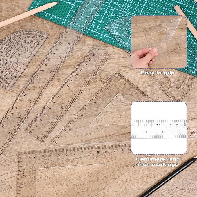 7PCS Geometry Math Set Plastic Clear 45/60 Degree Triangle Ruler 12 and 6 Inch Math Ruler 4 and 6 Inch Protractor and Compass Set with Box Measuring Tools for Students Teachers Office Supplies
