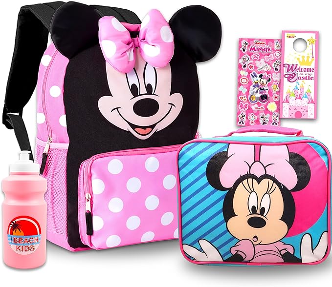 Disney Minnie Mouse Backpack with Lunch Box for Girls - Bundle with 16" Backpack, Lunch Bag, Water Bottle, Stickers, More | Minnie Mouse School Bag with Lunchbox