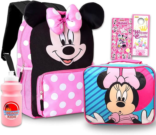 Disney Minnie Mouse Backpack with Lunch Box for Girls - Bundle with 16" Backpack, Lunch Bag, Water Bottle, Stickers, More | Minnie Mouse School Bag with Lunchbox