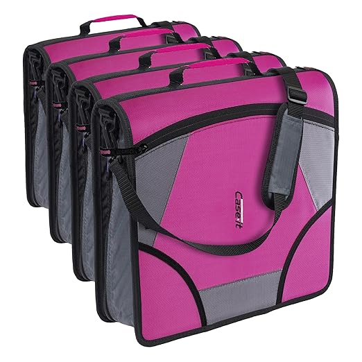Case-it King Sized Zip Tab School Zipper Binder | 4-Inch D-Rings, 800 Sheet Capacity, 5-Subject Expanding File Folder, Multiple Pockets & Storage Organizer, Shoulder Strap | D-186 Magenta (Pack of 4)
