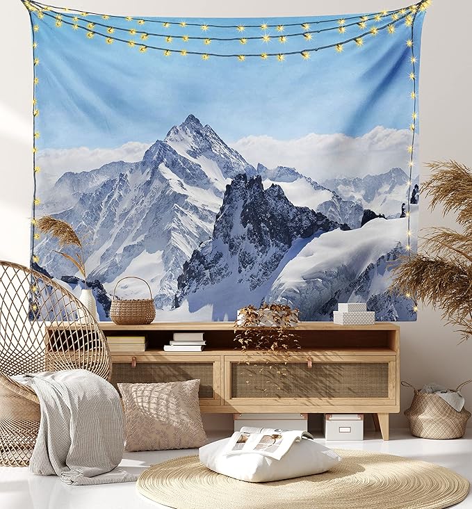 Ambesonne Winter Tapestry, Snowy Rocky Mountain Peaks Tops Scene High Lands ICY Frozen Swiss Outdoor Art, Fabric Wall Hanging Decor for Bedroom Living Room Dorm, 45" X 30", Blue and White