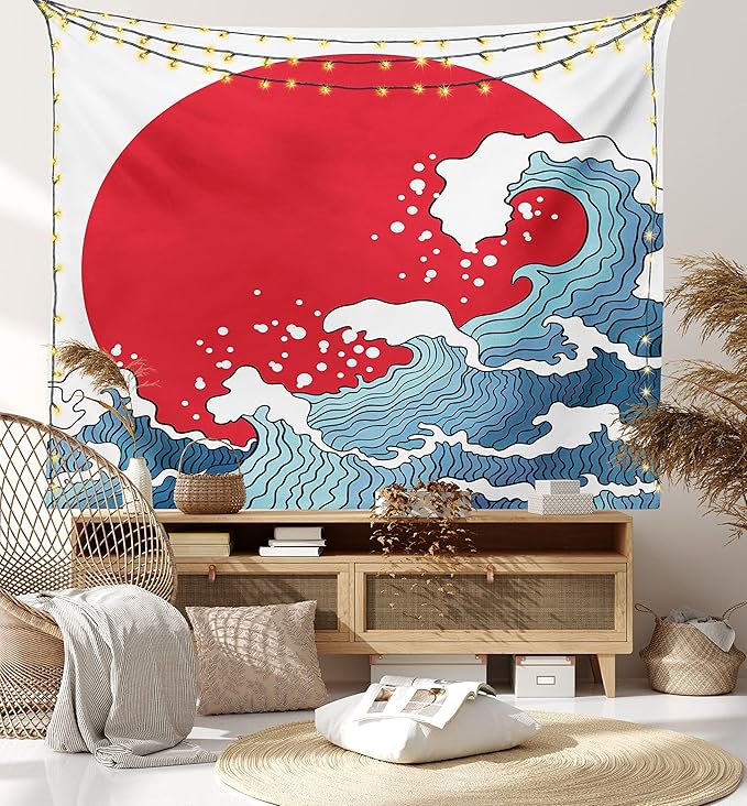 Ambesonne Japanese Wave Tapestry Queen Size, Big Red Sun Setting Scenery Tropical Nautical Tsunami Swirls, Wall Hanging Bedspread Bed Cover Wall Decor, Queen Size, Red Blue White