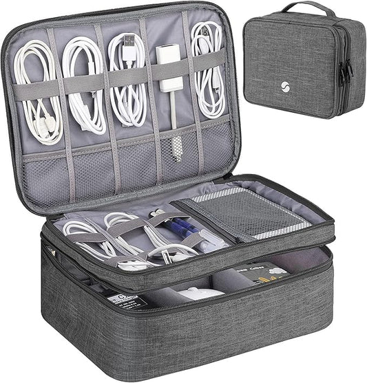 ORIENT FAMULAY Travel Organizer, Waterproof Cable Bag for Electronic Accessories Double Layer Large Shockproof Storage Bag for Cord, Hard Disk, Power Bank, Tablet -Gray