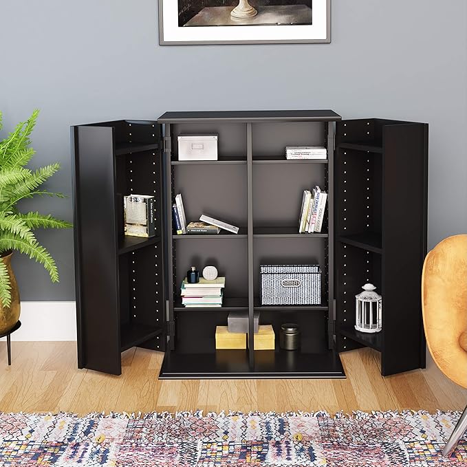 Prepac 33" H Locking Cabinet with 7 Adjustable & 4 Fixed Shelves, Black Storage Cabinet, Display and DVD Storage 14.5" D x 24" W x 33.25" H