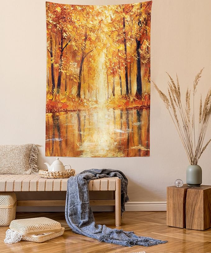 Ambesonne Country Tapestry Twin Size, Painting of a Forest by the Small Lake in Autumn Pale Fall Trees and Leaves Art, Wall Hanging Bedspread Bed Cover Wall Decor, 68" X 88", Brown Orange