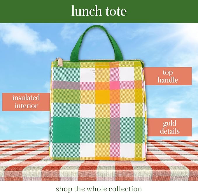 Kate Spade New York Portable Soft Cooler Lunch Bag, Small Insulated Tote, Thermal Lunch Bag with Silver Insulated Lining and Storage Pocket, Spring Plaid