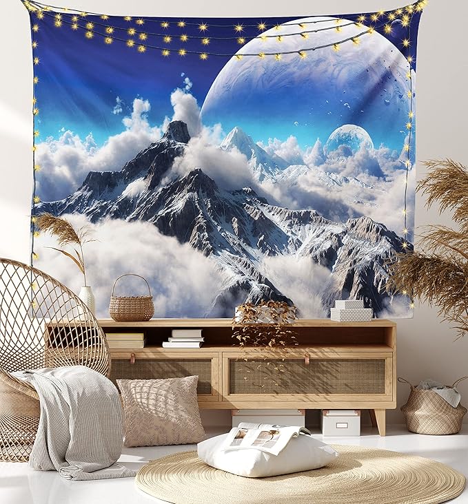 Ambesonne Fantasy Tapestry King Size, Celestial View of Snow Capped Mountains and Alien Planet Print, Wall Hanging Bedspread Bed Cover Wall Decor, 104" X 88", White and Navy Blue