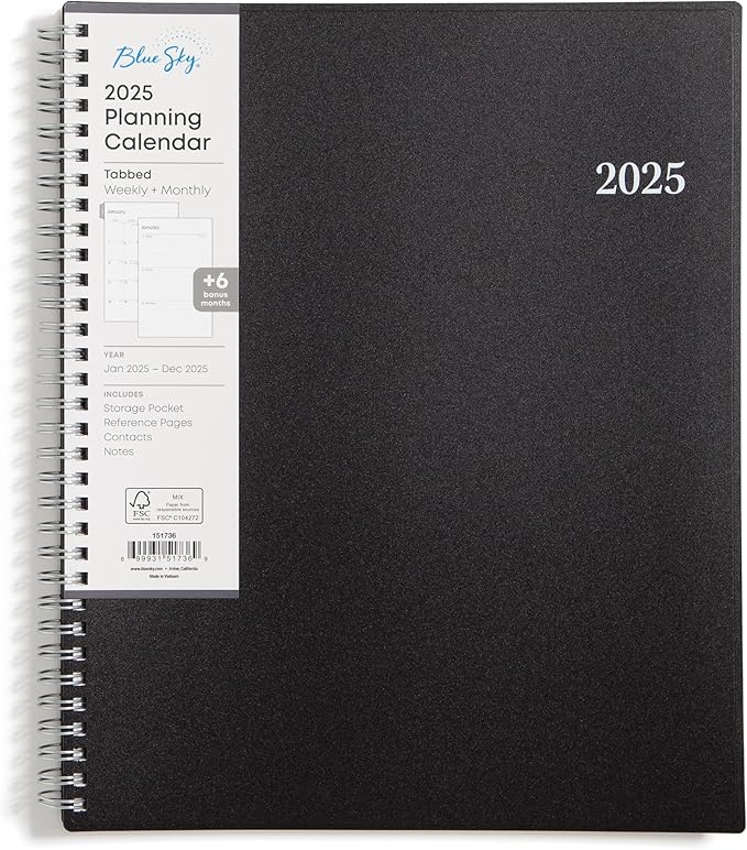 Blue Sky 2025 Weekly and Monthly Planner Calendar, January - December, 8.5" x 11", Flexible Cover, Laminated Tabs, Wirebound, Storage Pocket, Enterprise