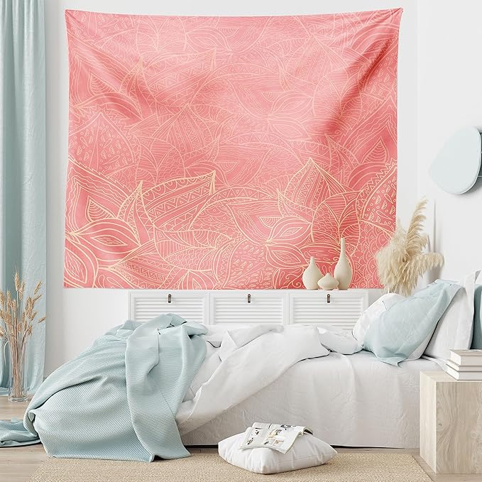 Ambesonne Floral Tapestry, Pastel Toned Nature Inspired Leaf Background Botany Themed Illustration, Fabric Wall Hanging Decor for Bedroom Living Room Dorm, 45" X 30", Peach Coral