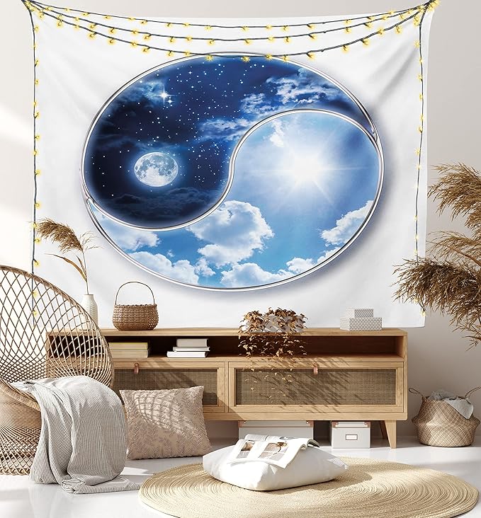 Ambesonne Space Tapestry, Yin Yang World Moon and Sun Harmony of the Universe Art Print, Fabric Wall Hanging Decor for Bedroom Living Room Dorm, 45" X 30", Navy Blue Sky Blue White