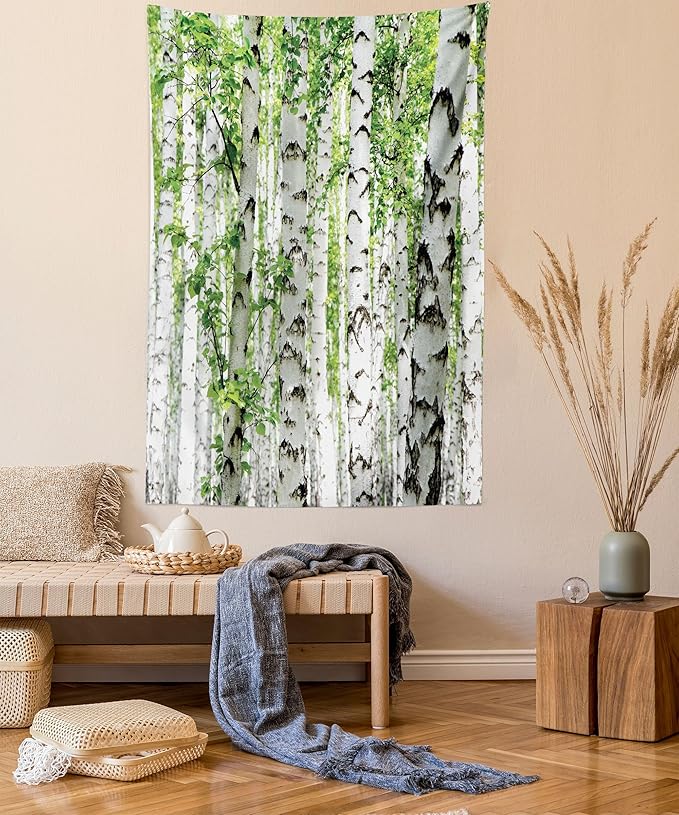 Ambesonne Woodland Tapestry, Birch Trees in The Forest Summertime Wildlife Nature Outdoors Themed Picture, Fabric Wall Hanging Decor for Bedroom Living Room Dorm, 23" X 28", White Green