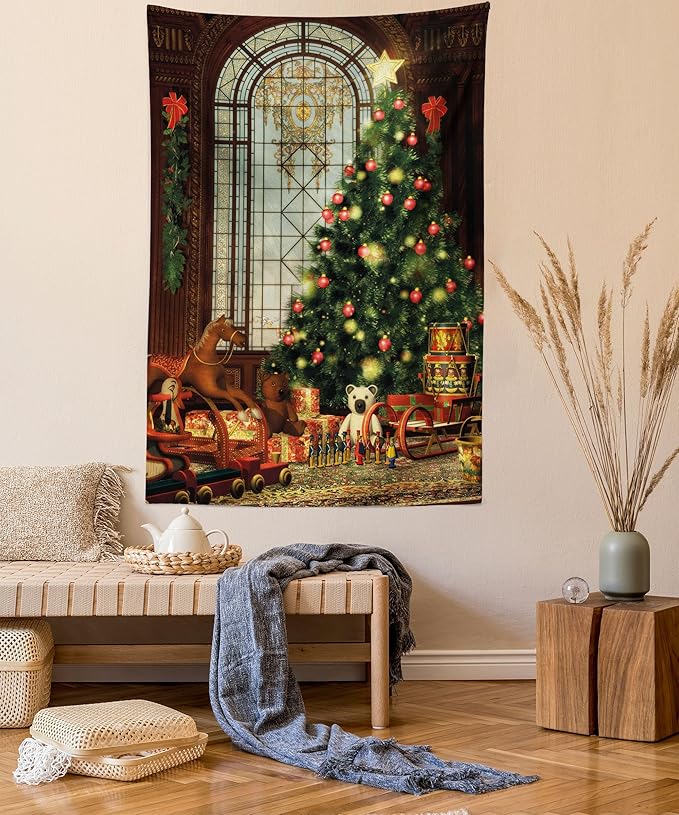 Ambesonne Christmas Tapestry Queen Size, Vintage Ambiance Big Old Fashioned Window Xmas Tree Various Presents, Wall Hanging Bedspread Bed Cover Wall Decor, Queen Size, Brown Red Green