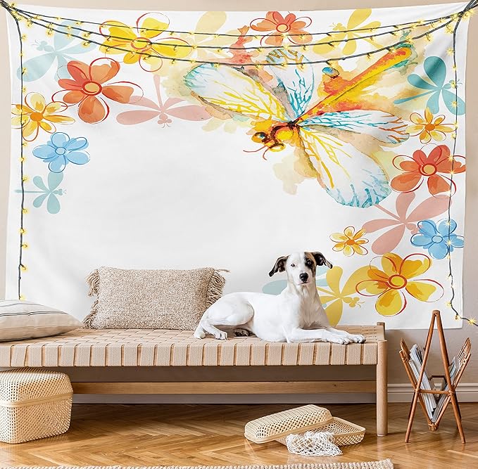 Ambesonne Dragonfly Tapestry, Abstract Grunge Vintage Design Moth Spring Flowers Floral Frame Art Print, Wide Wall Hanging for Bedroom Living Room Dorm, 60" X 40", Yellow Orange