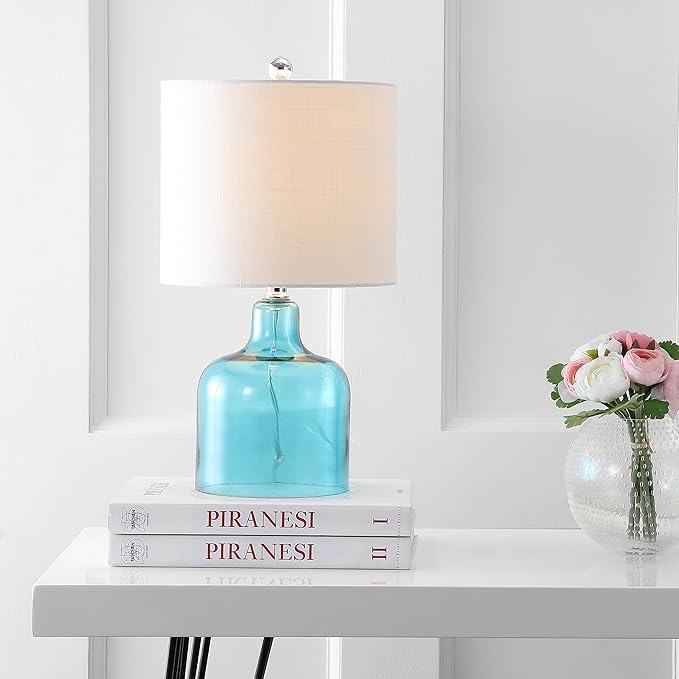 JONATHAN Y 19" Moroccan Blue Glass Bell Table Lamp for Living Room Bedroom, White Linen Drum Shade, Modern Coastal Bedside Nightstand Lamp with LED Bulb, UL Listed JYL1027A
