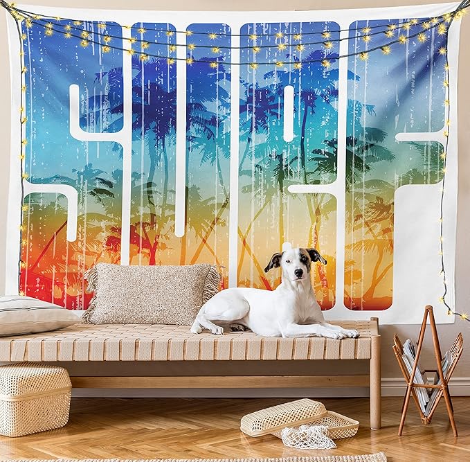 Ambesonne Surf Tapestry Twin Size, Summer Theme Retro Letters That Reflect the Seacoast Palm Tree Extreme Sports Art, Wall Hanging Bedspread Bed Cover Wall Decor, 68" X 88", Navy Orange