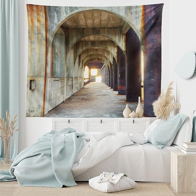 Ambesonne Urban Tapestry, Corridor of Concrete Pillars Structure Urban Industrial Rustic Style Art, Fabric Wall Hanging Decor for Bedroom Living Room Dorm, 45" X 30", Brown Purple