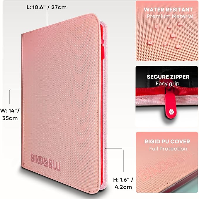 9 Pocket Trading Card Zip Binder - 360 Side Loading Pocket Binder for Colletible Games, Sport, TCG - Trading Card Binder - Gift Card holder for Boys and Girls - Pink card binder